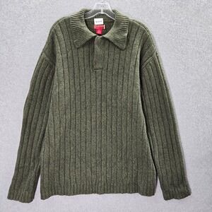 VINTAGE Guess‎ Men Sweater Large Green Knit 100% Lambswool Polo Collar Pullover